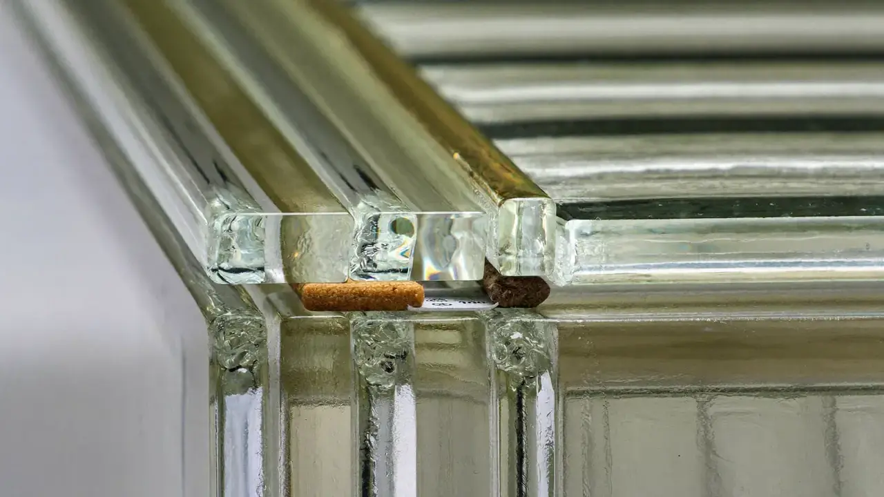 Detail of a sealed unit edge showing the warm-edge spacer bar and coating