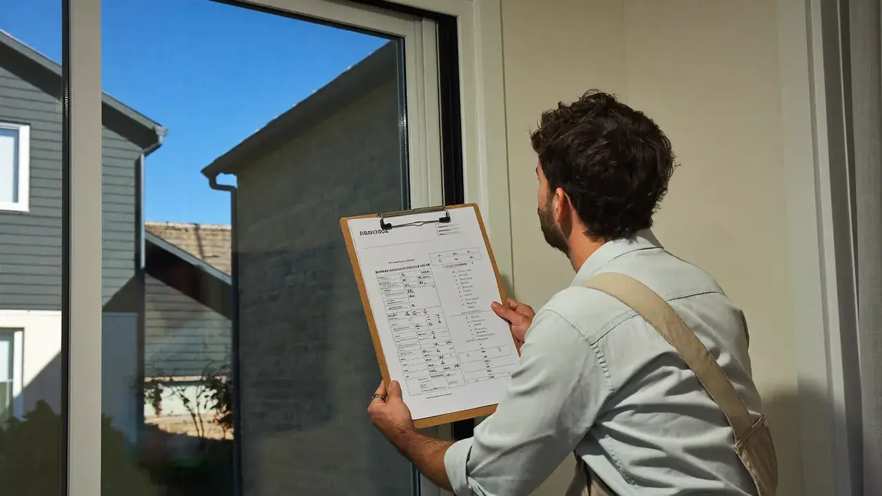 An installer checking the glazing specification on a new replacement window
