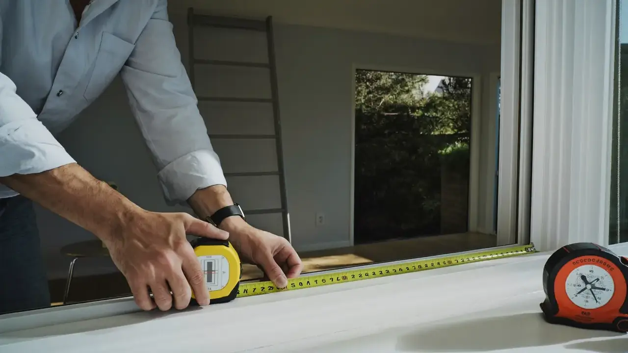 An installer measuring a window reveal before fitting an insulated unit
