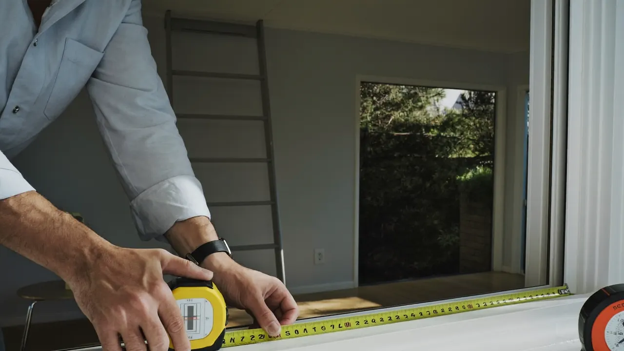 An installer surveying and measuring a window opening before quoting
