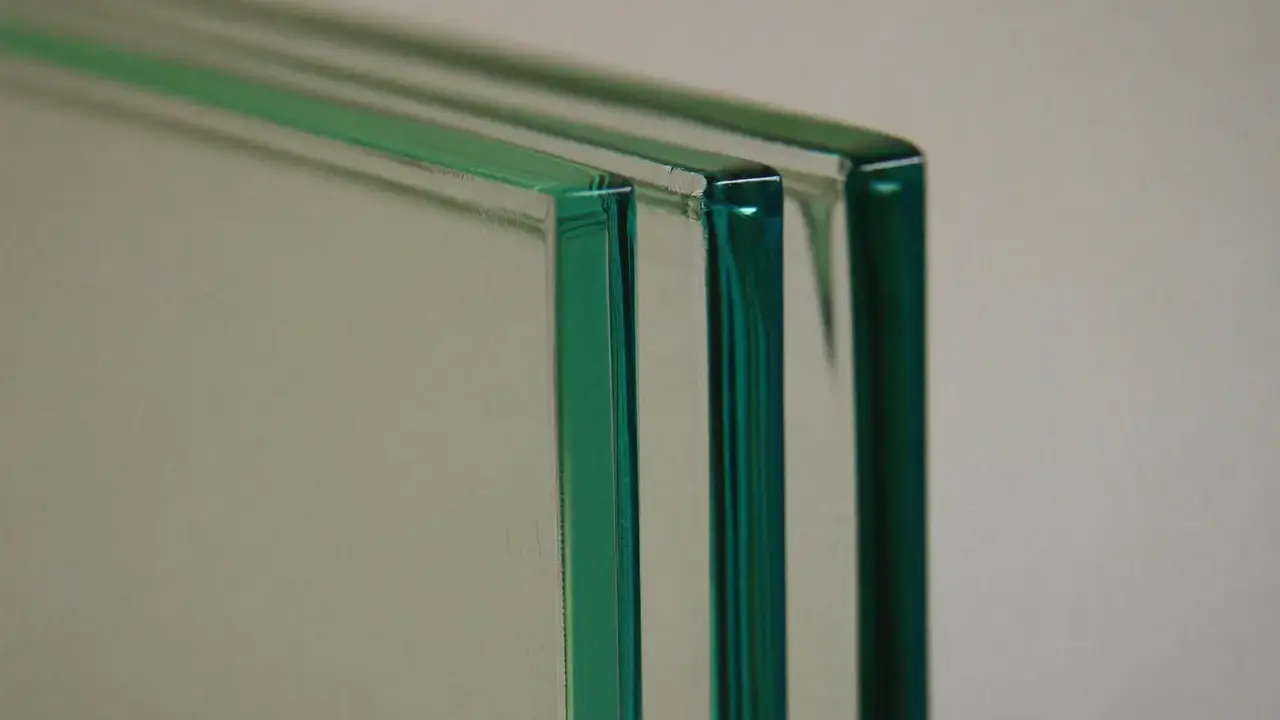 Edge detail of a laminated acoustic glass unit showing the bonded interlayer
