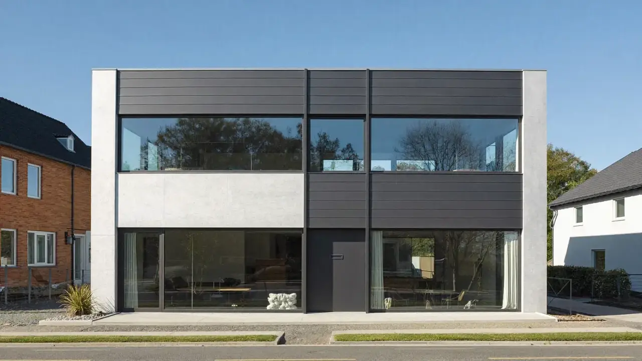 A modern rendered UK house fitted with slim-frame double glazed windows