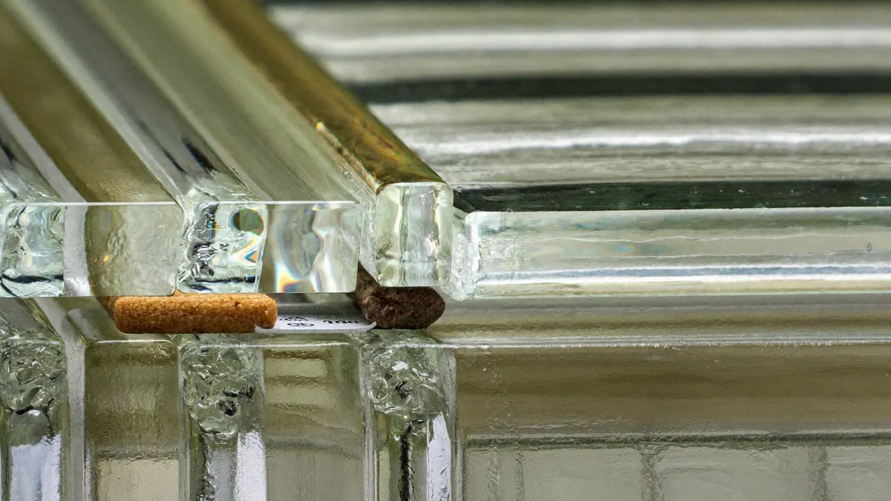 Edge detail of a sealed double-glazing unit showing the warm-edge spacer bar