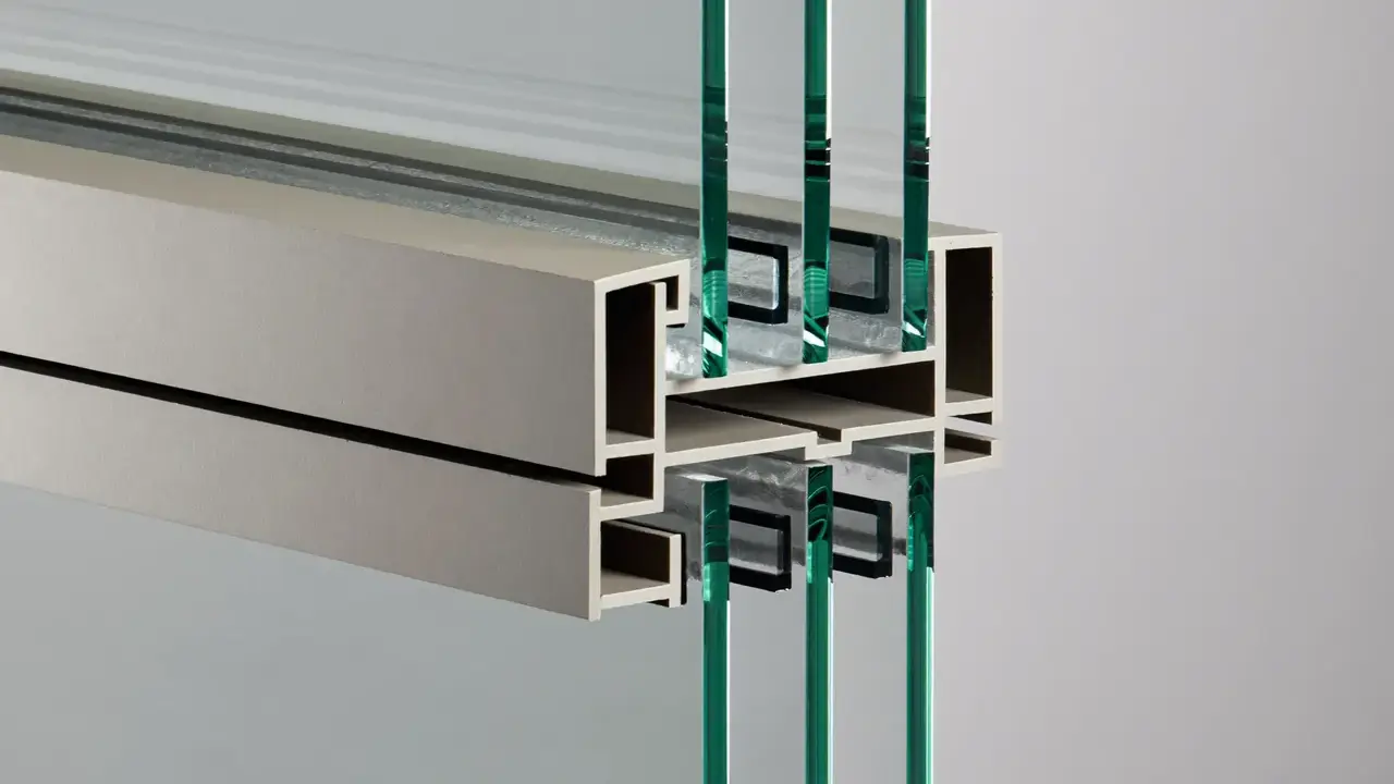 Cross-section detail of a triple-glazing unit showing two cavities and spacer bars