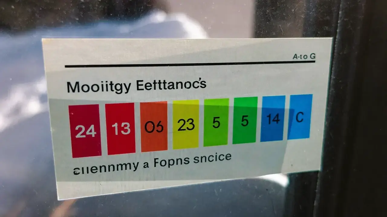 Close-up of a coloured A-to-G Window Energy Rating label on a new window