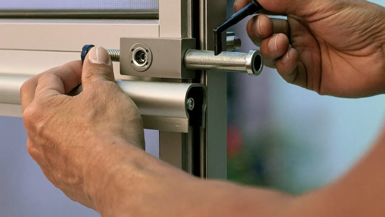 Close-up detail of a multi-point window locking mechanism and keep
